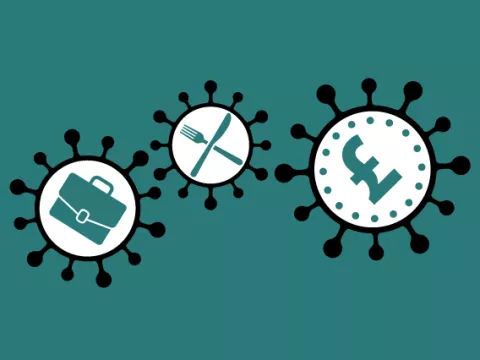 Coronavirus shapes with briefcase, knife and fork, and pound sterling sign